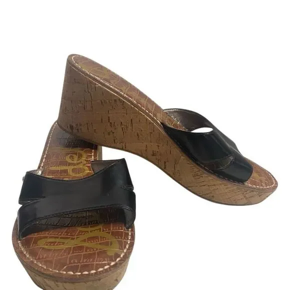 SAM EDELMAN Reid Cork Black Wedge‎ Sandals Size 9.5 M Slip On - Picture 2 of 11